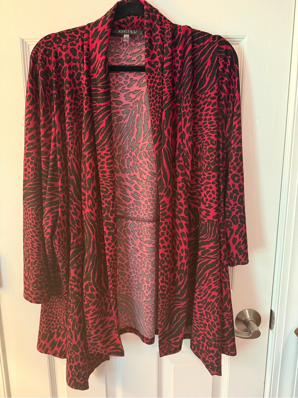 Kasper Women's Red and Black Animal-Print Open-Front Cardigan
